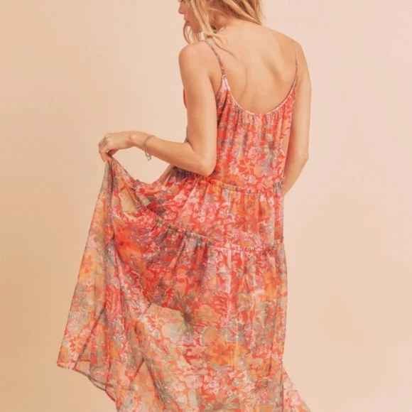❤️ AEMI AND CO “ Crimson” AEMI & CO. Floral Tiered Maxi Dress with Pockets BR52 - Picture 6 of 9